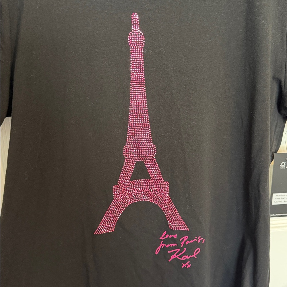 NWT Karl Lagerfeld versatile black Tee with Pink sequenced Eiffel Tower - Picture 4 of 11